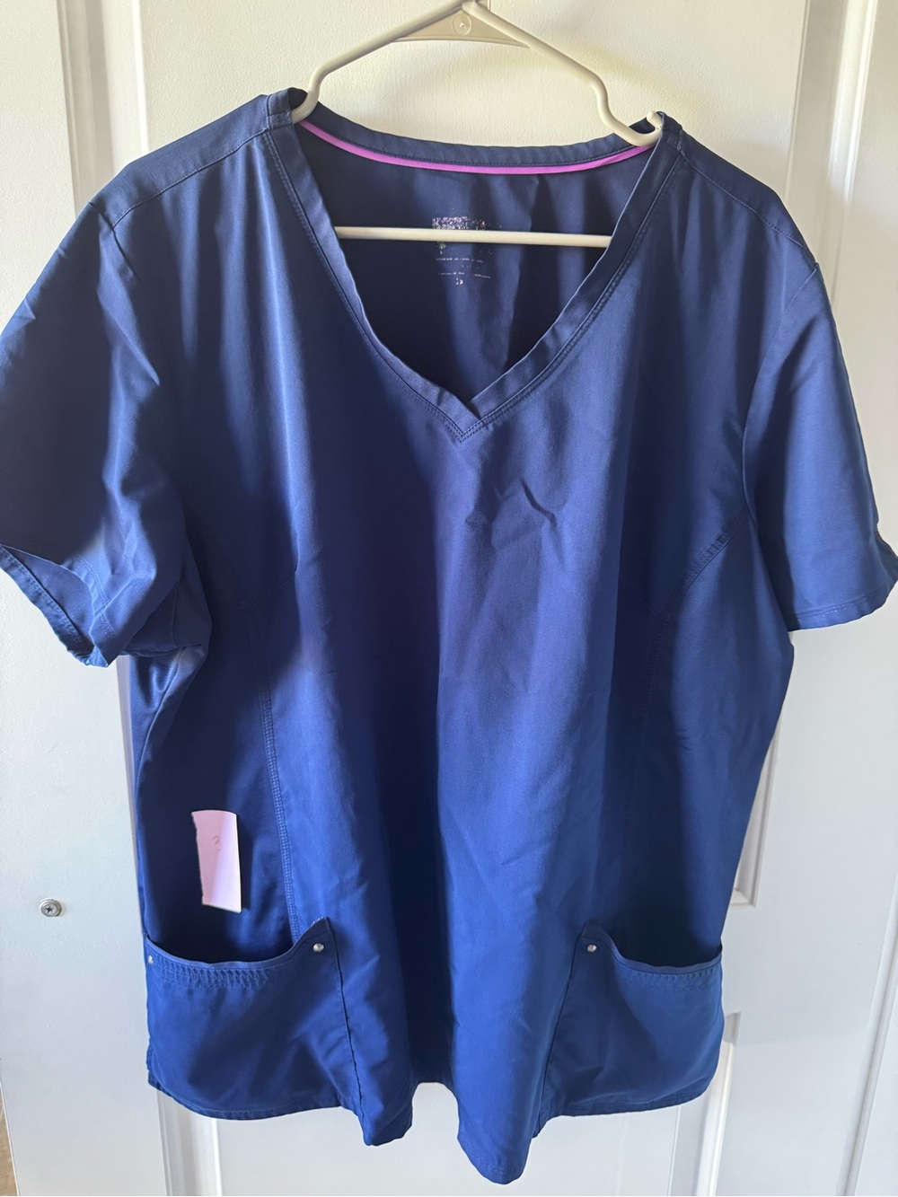 Navy V-Neck Medical Scrub Top with Pink Trim